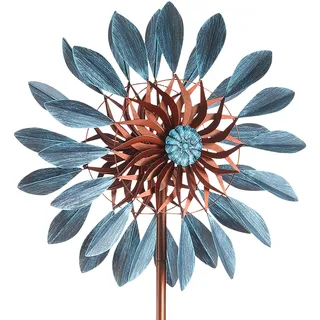 Kobolo Windrad Blossom XXL, 60x215 cm, braun/blau, XXL Metallwindrad, wetterfest & stabil, dekorativer Gartenstecker für Beet, Rasen & Vorgarten