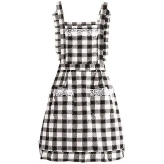 Ärmellose Backschürze Mit Karomuster Und Spitzendekor, Kurz, Doppellagig, Ölabweisend, Unisex, Mit Zwei Taschen, Ideal Für Bäckereien.-black