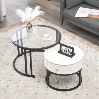 Merax Couchtisch Rund 2er Set, Moderne Nesting Kaffeetisch Beistelltisch Wohnzimmertisch, Metallgestell, Glas, Marmor-Schieferplatte und Massivholzschubladen, Satztische für Schlafzimmer Balkon, Weiß