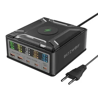 BLITZWOLF BW-S28 260W 2xUSB-A, 3xUSB-C, 15W kabelloses Ladegerät Schwarz