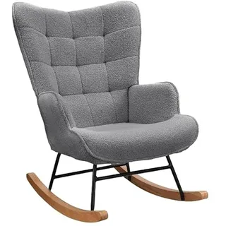 Lazyspace Schaukelstuhl Relaxsessel Stillsessel Schaukelsessel Wohnzimmersessel Schwingsessel mit Metallgestell und Holzsockel, Belastbarkeit Bis 130 Kg, Teddystoff, Dunkelgrau, 75 x 68 x 92 cm