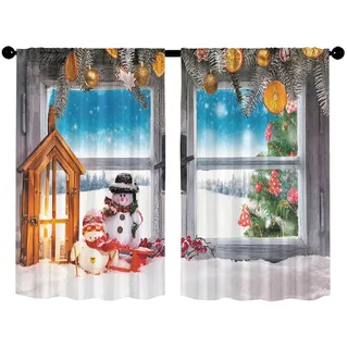 Treer Scheibengardine Bistrogardine Weihnachts Drucke 2 Stück Gardinen Kurz Vorhänge Verdunklungsvorhänge, Vorhang Blickdicht Waschbar Curtains für Küchen & Schlafzimmer (Blau,90x60)