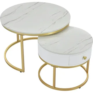 Merax Couchtisch Satztisch rund Beistelltisch mit Schublade (2-St), hochglanz Marmoroptik aus Holz mit goldenen Metallbeine, weiß