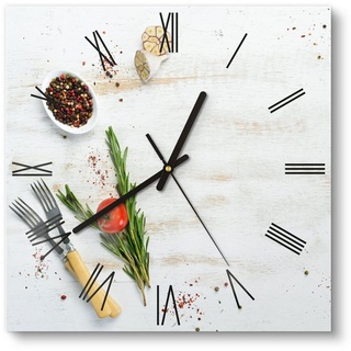 DEQORI Wanduhr 'Küchenkräuter und Gewürze' (Glas Glasuhr modern Wand Uhr Design Küchenuhr) bunt 30 cm x 30 cm