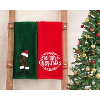 American Soft Linen Weihnachtshandtücher Badezimmer Set, 2 Packed Bestickte Dekorative 100% türkische Baumwolle Handtücher, Geschirrtücher für Dekor Xmas, Merry-Hoho