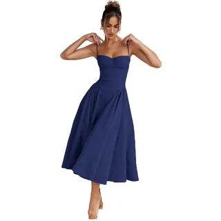 CERAVI Sleeveless Corset Fit Midi Dress Spaghetti Strap Sundress Solid Color Print Bustier High Waist A Line Dress with Pockets (Blue,S)