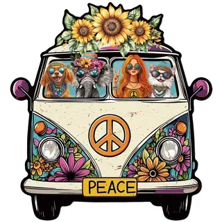 WADORN Metall Blechschild Im Vintage Mit Hippie Bus, 30.1x28cm Lustiges Blechschild Im Retro Hippie Stil Für Zuhause Hippie Frau Tiere Wandkunst Poster Plakette Dekor Für Bar Club Wohnzimmer Dekor