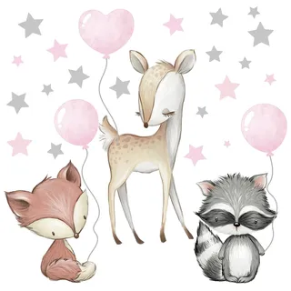 Pandawal Wandtattoo Waldtiere mit Luftballon Sterne Tiere Wandaufkleber Kinderzimmer Deko Wandbilder Baby Reh Fuchs Waschbär Rosa