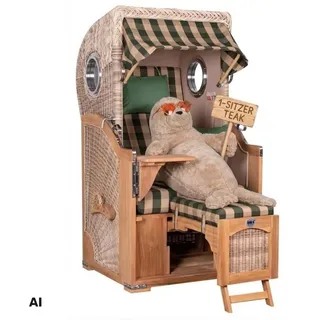 MR.DEKO Strandkorb 1-Sitzer Single Teak Shell Volllieger mit Bullaugen, BxTxH: 96x80x165 cm, Vollieger, Düne Single, (Fertig montierter Strandkorb für Garten, Terrasse & Balkon, 1-tlg), Wetterfester Volllieger mit Edelstahlbeschlägen & waschbaren Polstern grün