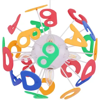 GLOBO Pendelleuchte Kinderzimmer Hängelampe Buchstaben Kinderlampe in Kugelform, Kunststoff bunt, Fassungen 4x E14, Dxh 35x120 cm