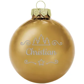 Deitert Weihnachtskugel mit Namen oder Wunschtext graviert, Ø 8cm, personalisierte Christbaumkugel aus Glas (glänzend), individueller Weihnachtsbaumschmuck mit Gravur, Tannen-Motiv, Gold