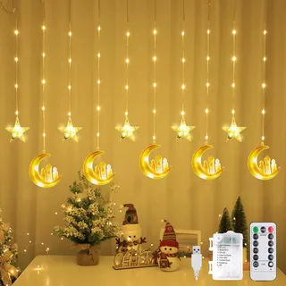 DAZZTIME Ramadan Lichterkette,100 LED Ramadan Licht Stern Mond Lichterketten,Stern Mond Lichterketten 3m,Mit 8 Blinkenden Modi,Fernbedienung für Ramadan,Party,Fenster.