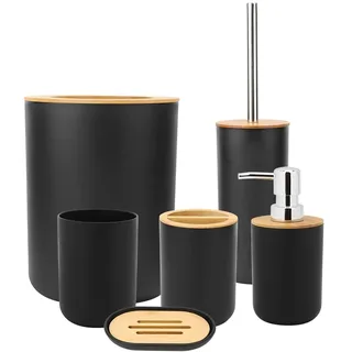 6-Teiliges Badezimmer Accessoires Set aus Bambus und Holz, Schwarz, mit Seifenspender, Seifenschale, Zahnbürstenhalter, Abfalleimer und Toilettenbürste