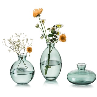 Kleine Vasen füR Tischdeko Glas - EylKoi 3 Stück/Satz Grün Mini Vase Vintage Handmade Hydroponic Glasvase Blumenvase Modern Set Fuer Hochzeit Tischdeko, Zuhause Wohnzimmer Blumen Rose