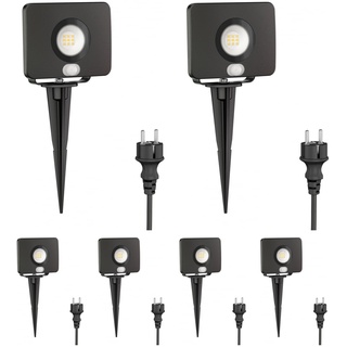 ledscom.de 6 Stück LED Gartenstrahler Wega mit Erdspieß für außen mit Bewegungsmelder, schwarz 10,837W 944lm warm-weiß