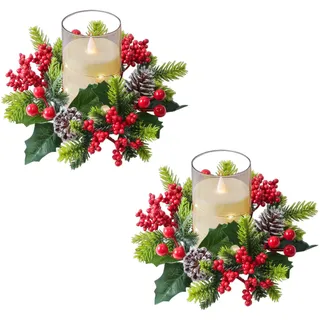 Kerzenring Weihnachten,2er Kerzenkranz Weihnachten Kerzenringe für Stabkerzen Adventskranz Tisch mit Beeren Tannenzapfen Deko Weihnachtskerzenringe Tischkranz für Weihnachtendekoration Tisch (E*2)