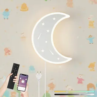 KZT Wandlampe Kinderzimmer Dimmbar mit Fernbedienung 3000K-6000K Wandleuchte mit Stecker Cartoon Mondlampe, Helligkeit Einstellbar, Timer, Acryl Wandbeleuchtung für Babyzimmer, Weiß