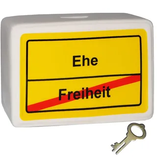 alles-meine.de GmbH große Spardose - Ortsschild - Ehe/Freiheit - mit Schlüssel und Schloss - stabile Sparbüchse aus Porzellan/Keramik - Sparschwein - Hochzeit/Braut & B..