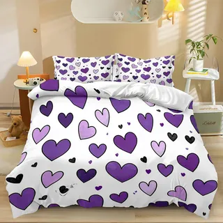 Generisch Minimalismus Lila Herz 3D Bettbezug 135x200cm Bettwäsche Set 3 Teilig mit Reißverschluss Weiche Angenehme Microfaser Bettbezug Kinder Bettwäsche mit 2 Kissenbezug 80x80cm