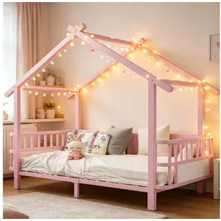 Flieks Kinderbett, Metallbett in Hausform 90x200cm mit Sicherheitsgitter und Lattenrost rosa