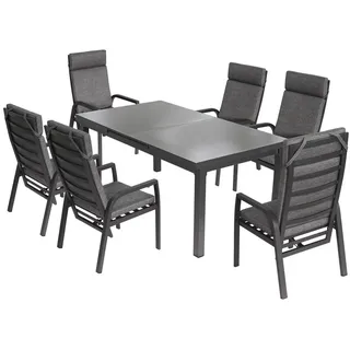 bellavista - Home&Garden® Gartentisch »Boston 3« Gartenmöbel Set ausziehbar Sitzgruppe Outdoor Garnitur (Set, 7-St., 1x Tisch, 6x Hochlehner Gartenstühle), Aluminium, für 6 Personen, Ausziehtisch, wetterfest - Garten, Terrasse grau