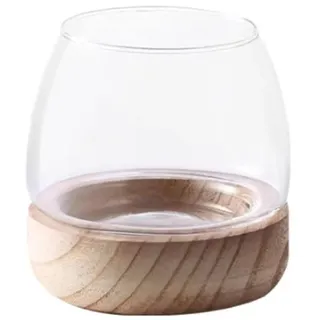Klarglas-Fischschale mit Holzsockel, Mini-Fischschale, Hydroponische Blumenvase, Runde Glasblasenschale, Fischglas-Vase für Tischdekoration, Schlafzimmer, Wohnzimmer, Heimbüro-Dekoration(L)
