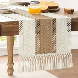 ZeeMart Tischläufer im Makramee-Stil, zweifarbige Nähte, 35,6 x 183,9 cm, braun/elfenbeinfarben, Boho-Tischläufer, 183 cm lang, Bauernhaus-gewebte Heimdekoration