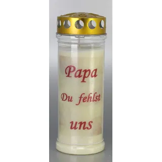 Grabkerze, Papa Du fehlst uns, (21x7,5 cm) Grablicht mit 7 Tage Brenndauer (3878), Wetterfestes Trauerlicht mit Deckel, Hochwertige Trauerkerze, Edle Gedenkkerze aus Deutschland