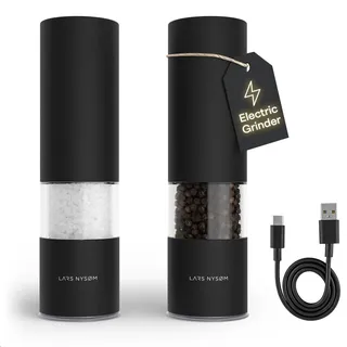 LARS NYSOM Salz und Pfeffermühle Elektrisch - Gewürzmühle Elektrisch USB-C | Wiederaufladbare Gewürzmühlen Set mit Keramikmahlwerk - 6 Stufen von sehr fein bis sehr grob - Deckel schützt vor Krümel