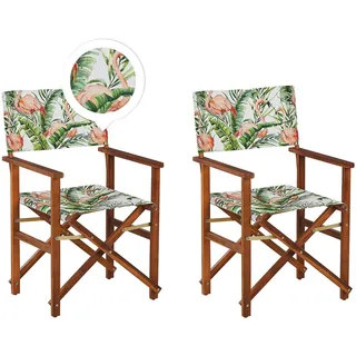 Zwei Gartenstühle dunkles Akazienholz Textil cremeweiß/bunt Flamingomuster Cine