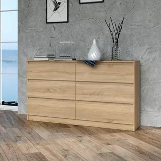 Home Collective Kommode, Schlafzimmer Flur, Schrank, Sideboard, Highboard mit 6 Schubladen, Breite 140 cm Höhe 75 | Sonoma Perfekt für Wohnzimmer, Schlafzimmer oder Esszimmer