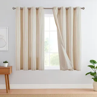 TOPICK Leinen Gestreifte Vorhänge Braun Streifen Gardinen mit Ösen Ticking Streifen Muster Leinenoptik Vorhänge Lichtfilterung für Wohnzimmer Nadelstreifen Gardine Blickdicht 2 Stück 130x145cm