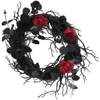 Schwarzer Halloween-Türkranz Zum Aufhängen, Rattan-Kranz, Halloween-Dekoration, Party, Schwarze und Rote Rose, Kunststoff, für Gothic-Halloween-Party, Zuhause, Drinnen und Draußen