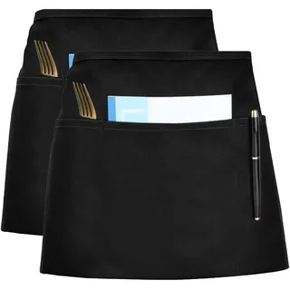 Set Aus 2 Kurzen Schwarzen Küchenschürzen, Verstellbarer Riemen, 3 Taschen, Für Kellner, Köche, Bistros Und Cafés
