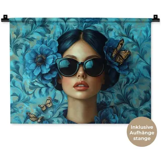 MuchoWow Wandteppich Frau - Blumen - Schmetterlinge - Blau - Abstrakt, Rechteckig, Höhe: 3 mm, Wanddeko Teppich Wohnzimmer, Schlafzimmer, 60x45 cm blau Rechteckig | 60 cm x 45 cm x 3 mm