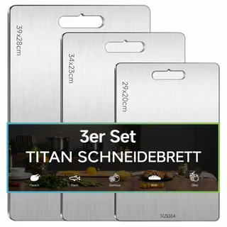 3Stück Titan Schneidebrett, Edelstahl Schneidbretter BPA-frei Lebensmittel | Doppelseitig Titanium Cutting Board für Fleisch Brot Gemüse Obst, Spülmaschinenfest (29x20cm, 34x23cm, 39x28cm)