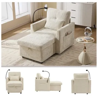BlingBin Loungesessel Relaxsessel 1-Sitzer Sofa mit Stauraum, Einzelsofa (125 x 84,5 x 87 cm, 1-St., verstaubare Rückenlehne mit Handyhalterung), Einzelner Freizeitstuhl für Wohnzimmer Schlafzimmer kleiner Haushalt beige