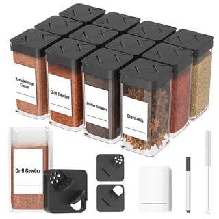 Homhut Gewürzgläser Eckig Set Mit Deckel [12x 120ml], Stabiler Plastik Gewürzstreuer Luftdichte, Gewürzdosen Mit Streueinsatz, Spice Jars Mit 36 Etiketten, Gewürz Organizer Schwarz