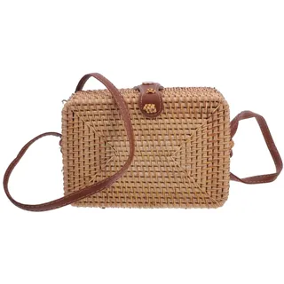 TENDYCOCO Rattan Tasche Damen Mini Gewebte Korbtasche Eckig Mit Lederriemen Für Alltag Und Sommerfest - 19x13cm
