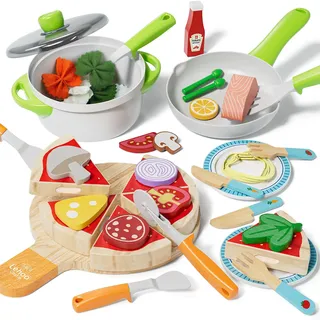 Lehoo Castle Kinderküche Zubehör Holz, Spielküche Pizza-Set zum Schneiden | Spielküche Zubehör enthält 2 Töpfe, Teller und Gabeln, Kaufladen Spielzeug ab 3 Jahre, Geschenke Mädchen Jungen 2 3 4