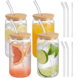 Dexpally 4er Set Matcha-Gläser mit Deckel und Strohhalm – 500 ml Glasbecher inkl. Reinigungsbürsten Ideal für Cocktails, Whisky, Bier, Eiskaffee, Soda und Säfte