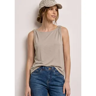 Shirttop STREET ONE, Damen, Gr. 38, beige (clay sand), Jersey, Obermaterial: 95% Viskose, 5% Elasthan, unifarben, regular fit normal, U-Boot-Ausschnitt, Tops Shirttop, mit Schnallen Detail