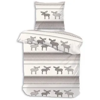DOBNIG Bettwäsche Flanell, Flanell, 2 teilig, Elch, weihnachtlich, taupe braun