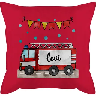 Kissen 50x50 - Feuerwehrauto Motiv I Leiterwagen Geschenk Feuerwehr I Löschzug - 50 x 50 cm - Rot - feuerwehrkissen personalisiertes jugendfeuerwehr Name füllung personalisierte Geschenke Kind