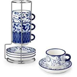 vancasso Espressotassen Set, SELENE Espresso Tassen Set mit Untertasse & Ständer, Stapelbar Dickwandig Kaffeetassen aus Porzellan für Cappuccino, Latte und Tee, Vintage blau-weiß (4 x 90 ml)