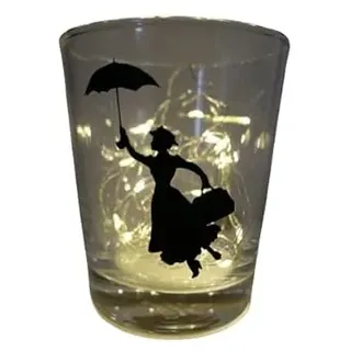 Lichtidee Teelicht Glas Windlicht Tischlicht Print schwarz mit Mary Poppins Herbst Handmade Unikat Maritim Geburtstag Ostern Muttertaggeschenk, Höhe 9cm,