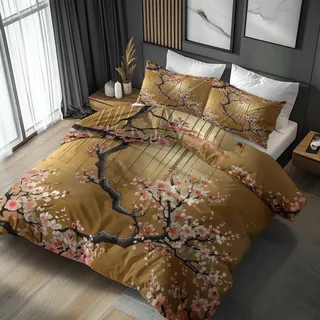 Generisch Bettwäsche 140x200 Orientalische Kunst Japanisch - Schlafzimmer Deko Bettbezug 140 x 200 2tlg Rosa Kirschblüten Zweig Muster, 1 Kissenbezug 70x90, mit Reißverschluss, Weich Mikrofaser YR#167