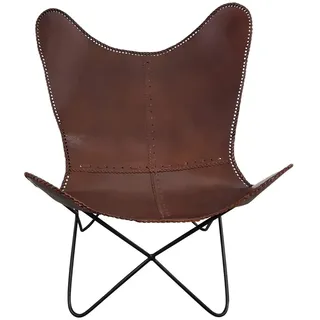 Indoortrend Butterfly Lounge Sessel Chair braun - Stuhl - Design - Retro - Loungesessel - Loungestuhl - Schmetterlingssessel - Echt Leder - Gestell schwarz - B/T/H: 76x76x92 cm