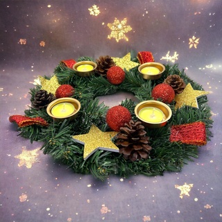Künstlicher Adventskranz Adventkranz Weihnachten Kranz für Teelichter fertig dekoriert mit Tannenzapfen Glitzer-Sternen Glitter-Kugeln Schleifenbändern mit 4 Teelicht-Kerzenhalter, Ø 30 cm