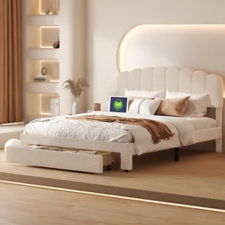 DAHUEN Betten 160x200 Polsterbett mit Stauraum, Prinzessin Bett mit Schubladen und USB, Höhenverstellbares Kopfteil, Funktionsbett Doppelbett Bettgestell Rückenlehne, Teddy Velvet, Beige